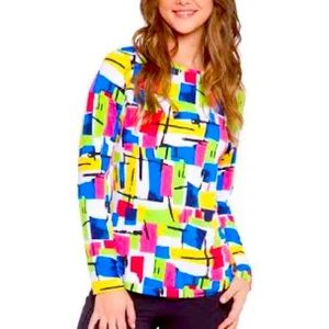 IBKUL Womens Top Plus Size XXL Long Sleeve Crew Neck Mondrian Golf Pickleball